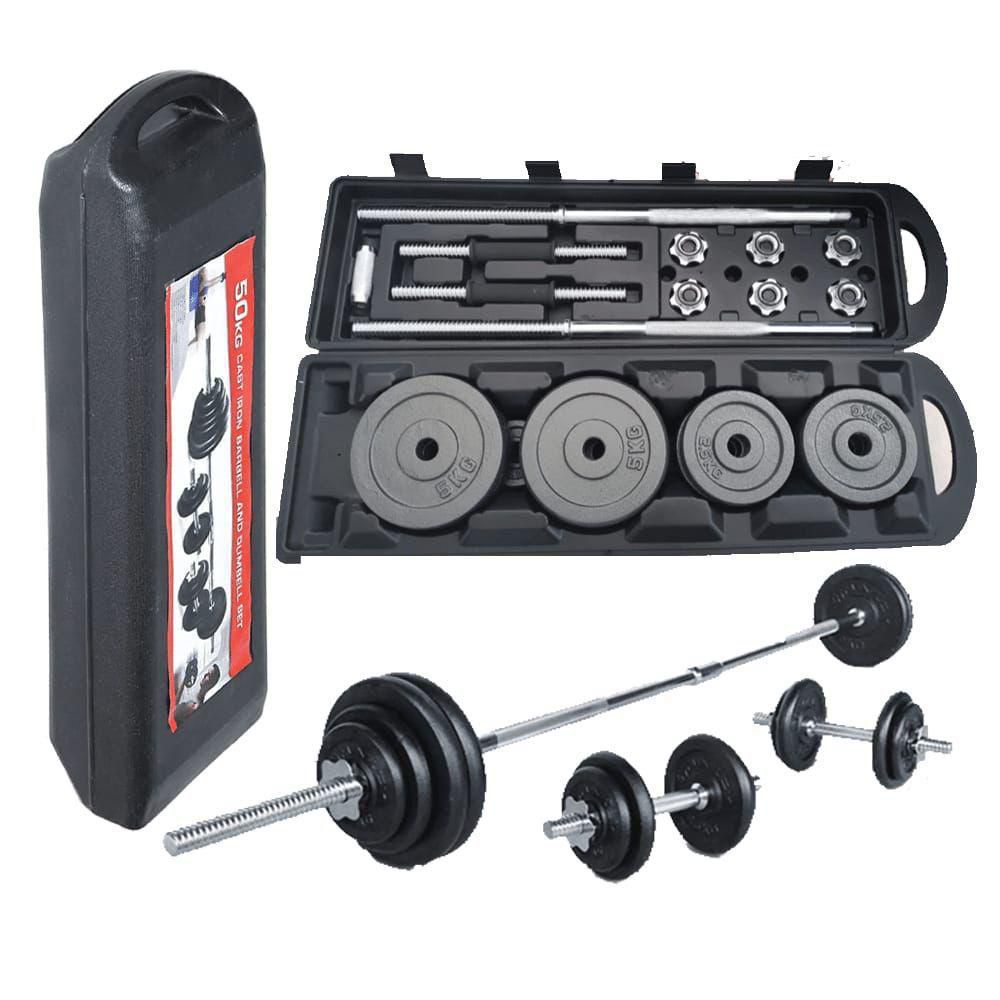 York 50kg Adjustable Cast Iron Dumbbell & Barbell Weight Set with Carry Case