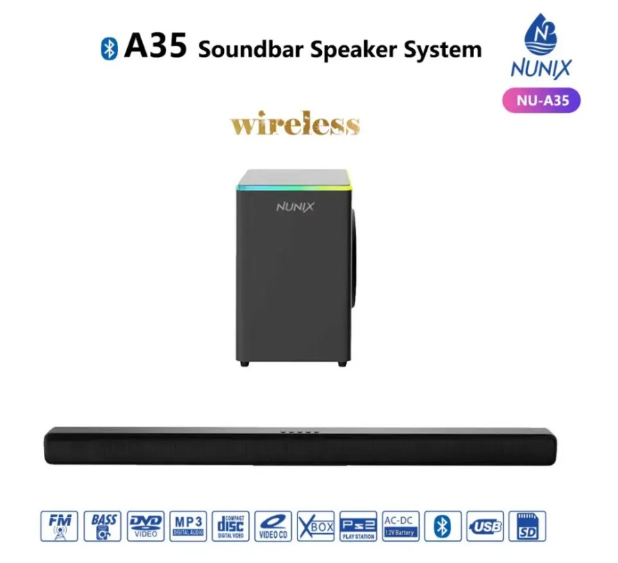 Nunix NU-A35 2.1 Wireless Soundbar Speaker System – Bluetooth, USB & Super Bass